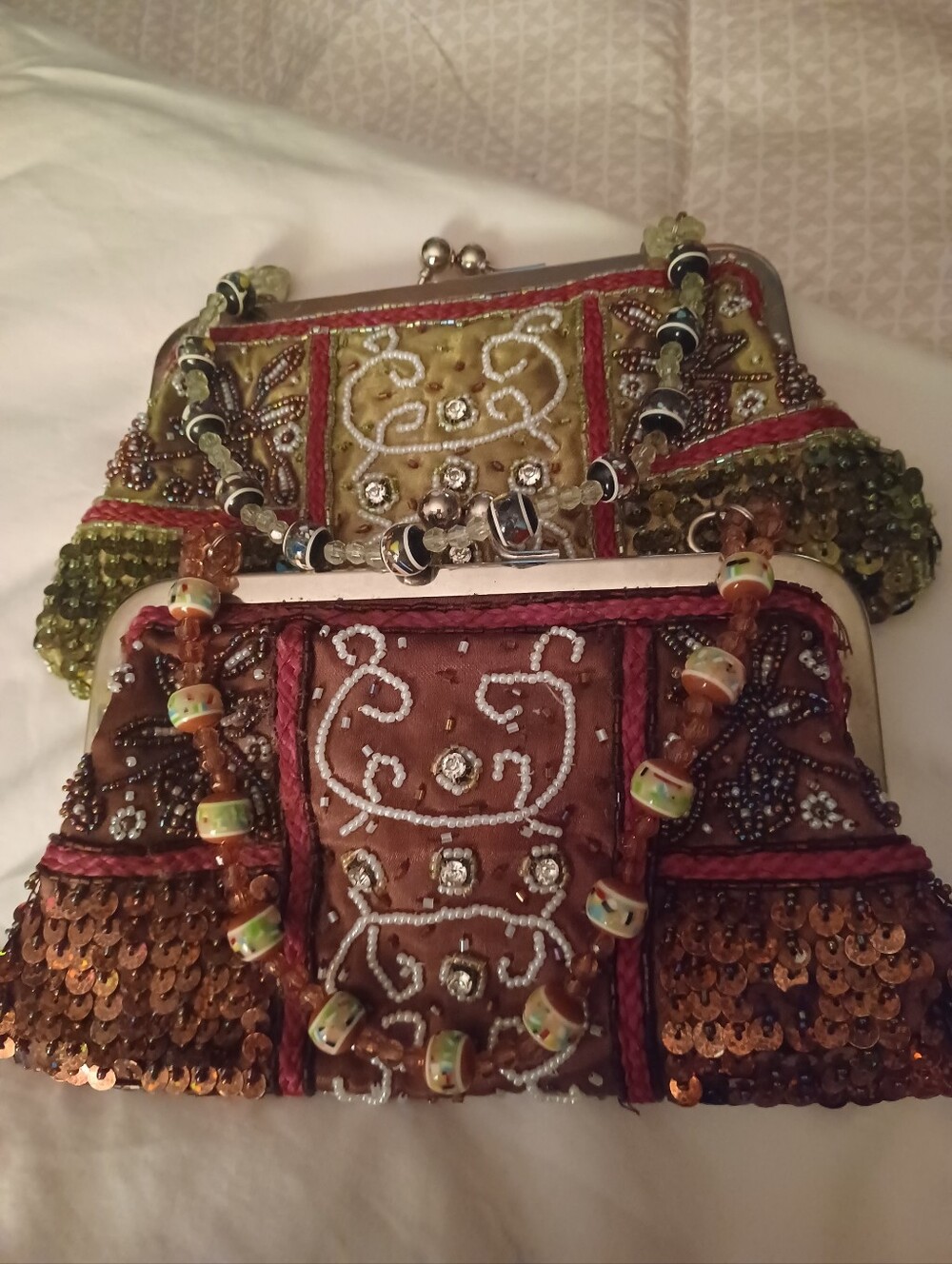 Beaded Embroidered Women's Clutch Bag - Brown and Green
